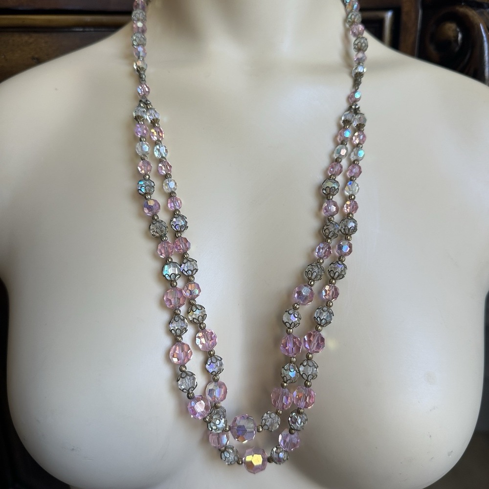VTG 1950s Necklace 28 Inch Double Strand Pink AB Aurora Borealis Faceted Crystal